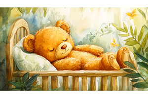Teddy Bear Sleeping In Crib In The, a Texture Illustration by LadadikArt