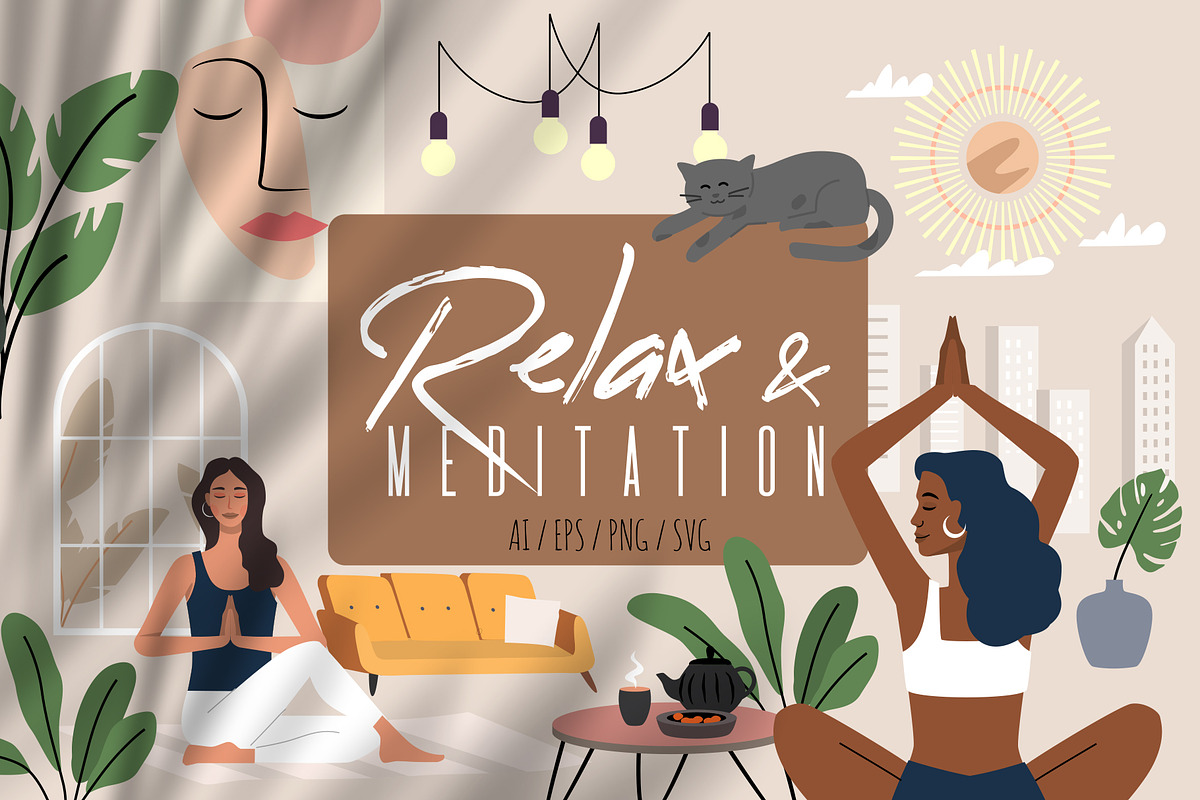 Relax & meditation. Vector woman set, a Person Illustration by bioraven (Photo 1 of 12)