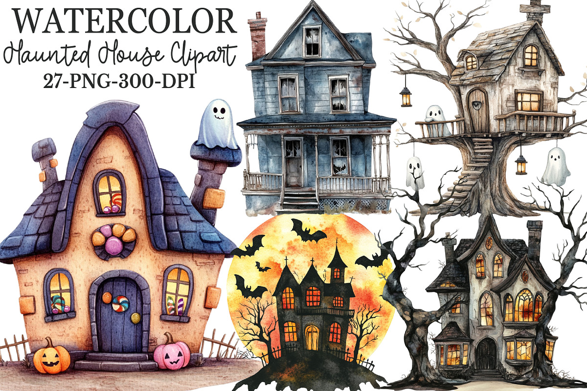 Watercolor Haunted House Clipart, an Illustration by Rose Art (Photo 1 of 7)