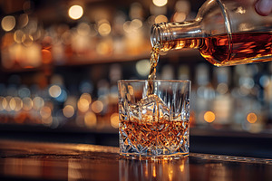Pouring scotch whiskey from bottle into glass on blurred bar background, a Food & Drink Photo by AlyaAnd