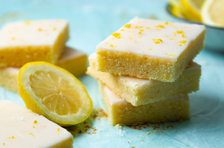 Close up of delicious lemon brownies on a stack