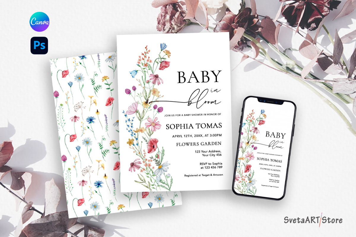 Baby in Bloom Baby Shower Invitation, an Invitation Template by  SvetaArtStore, image size:1200x800