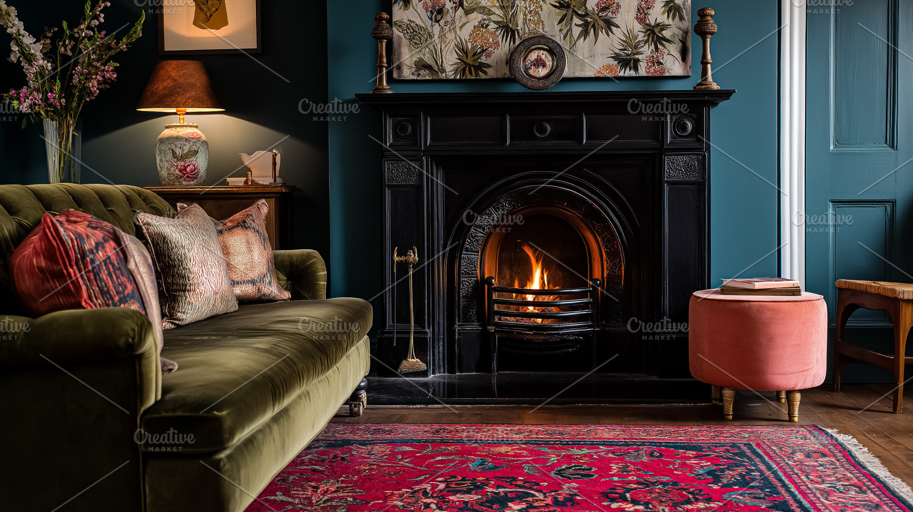 Cozy living room interior with a roaring fireplace creating a warm ambiance and, an Architecture Photo by Studio ANNA