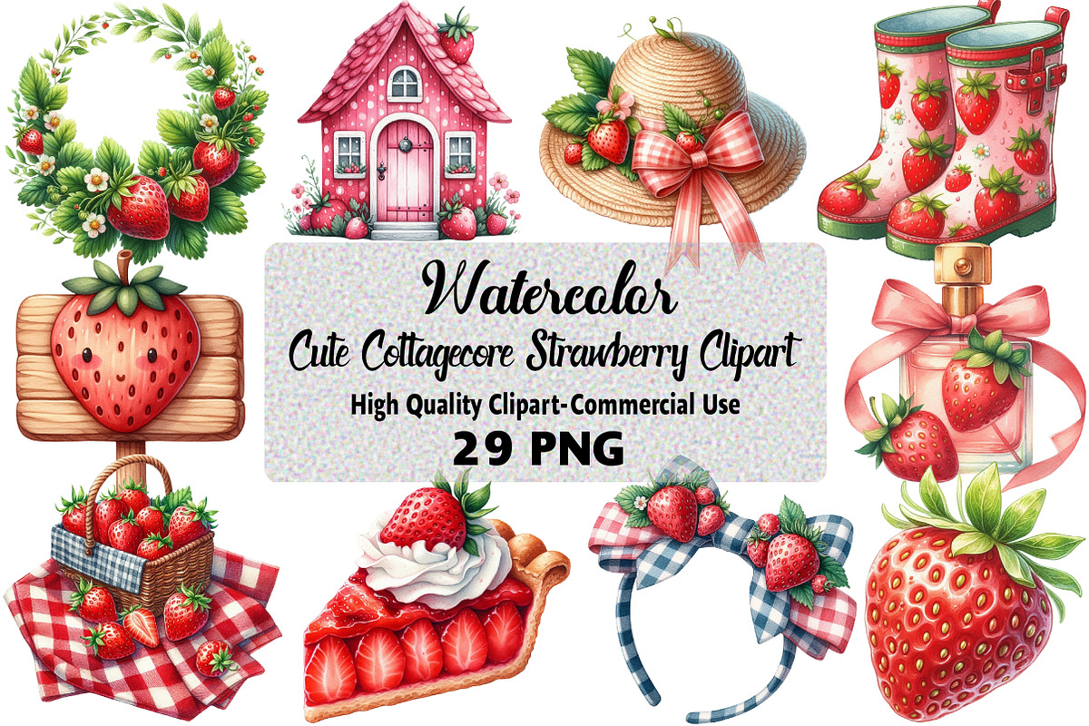 Cute Cottagecore Strawberry Clipart, an Illustration by Daily.Designs (Photo 1 of 5)
