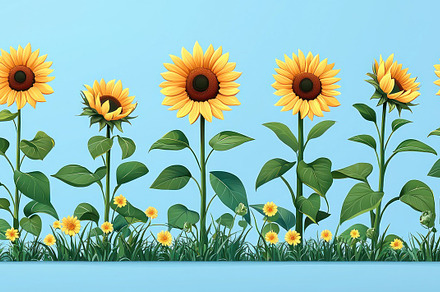 Bright sunflowers blooming in green grass against a clear blue b, a Nature Photo by José Manuel Gelpi