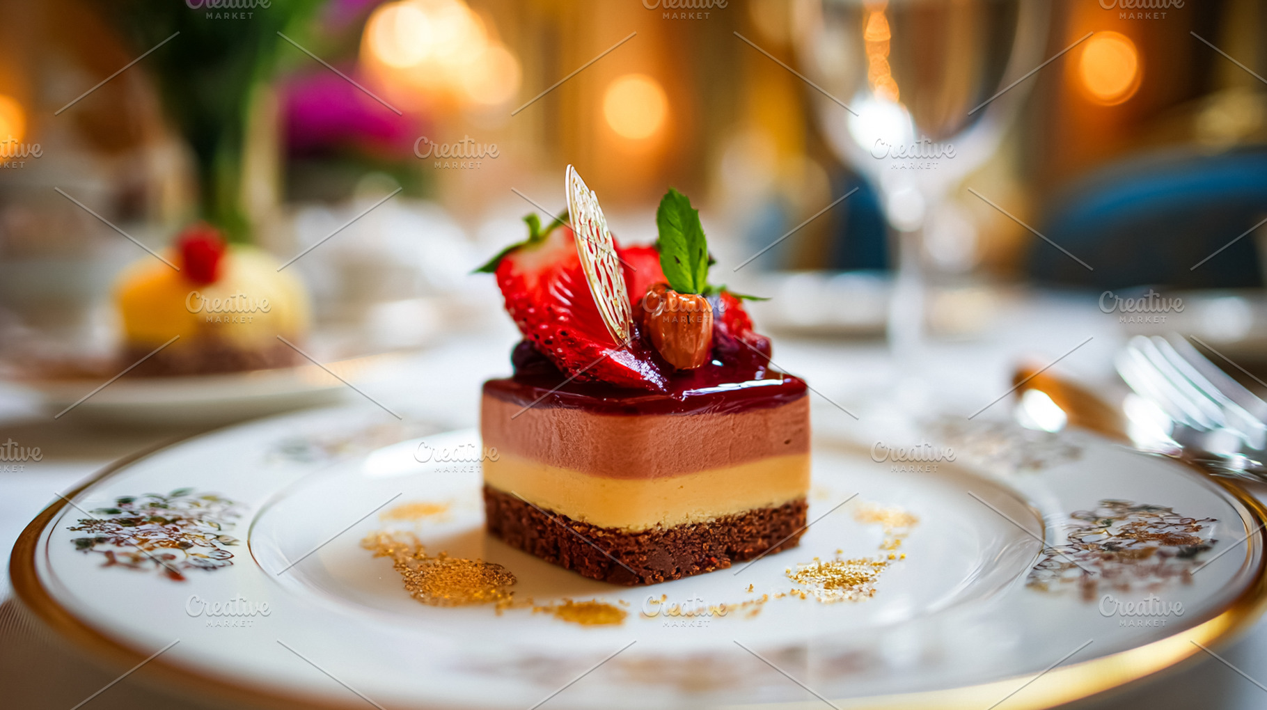 Gourmet dessert served at a luxury hotel restaurant, featuring l, a Food & Drink Photo by Studio ANNA