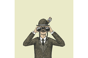 Man in costume looking through the binoculars, spyglass vintage old engraved or hand drawn illustration. Hunter, ornitologist, scientist in wood cut or sketch style., a Finance Illustration by Arthur Balitskiy