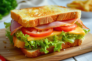 Toast sandwich with cheese, turkey ham, tomato and fresh lettuce on wooden back, a Food & Drink Photo by AlyaAnd