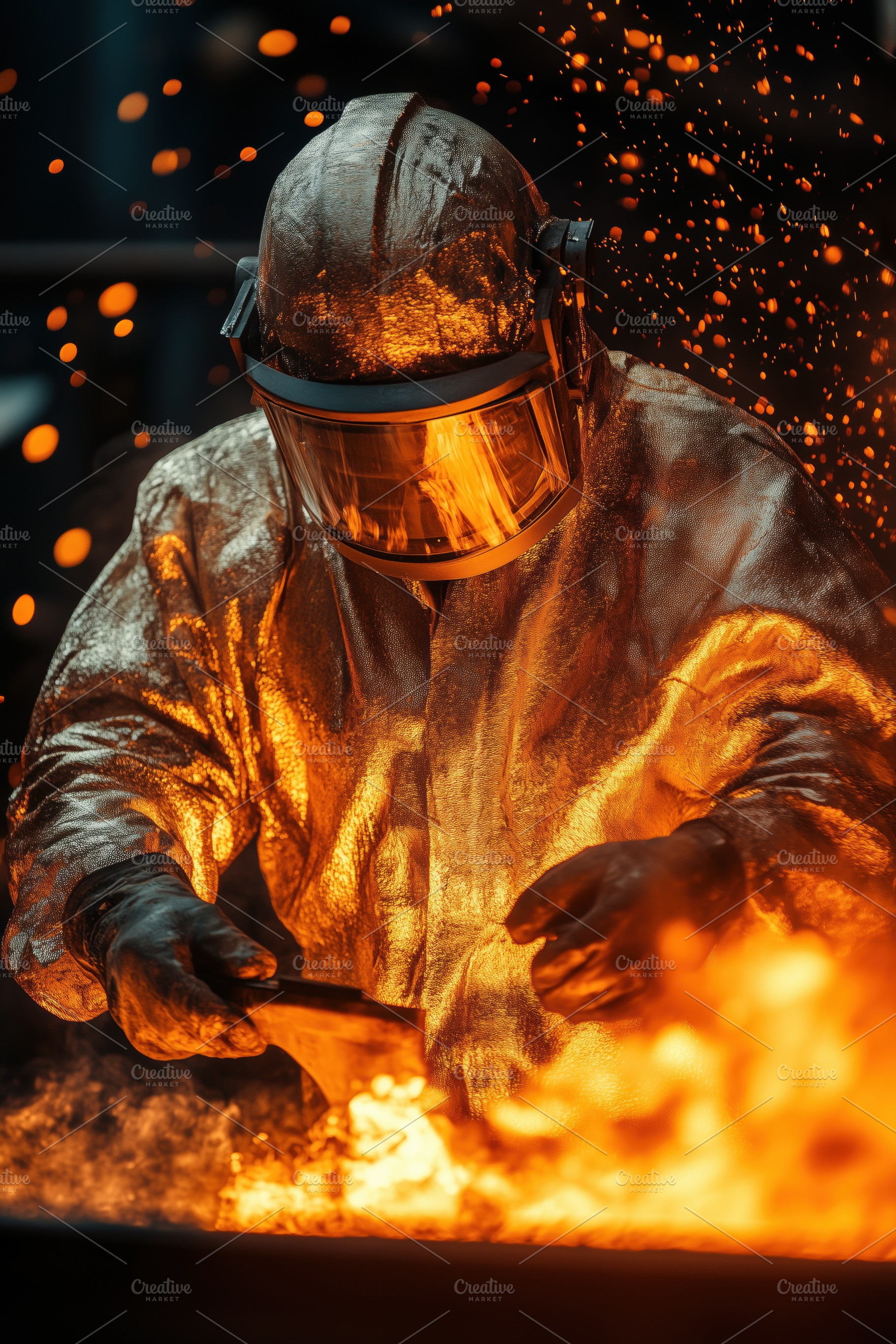 A Heat Treatment Specialist worker in a protective suit and helmet is pouring m, a Person Photo by Textures & Backgrounds