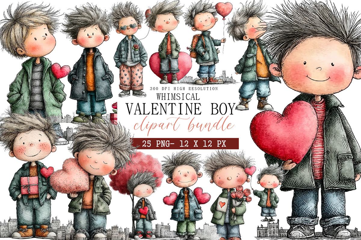 Whimsical Valentine Boy Clipart, an Illustration by DreamArtGraphic (Photo 1 of 4)