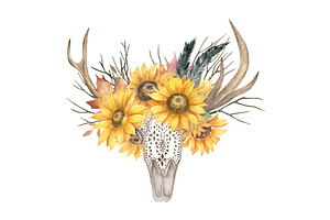 Watercolor Bull's Head With Flowers