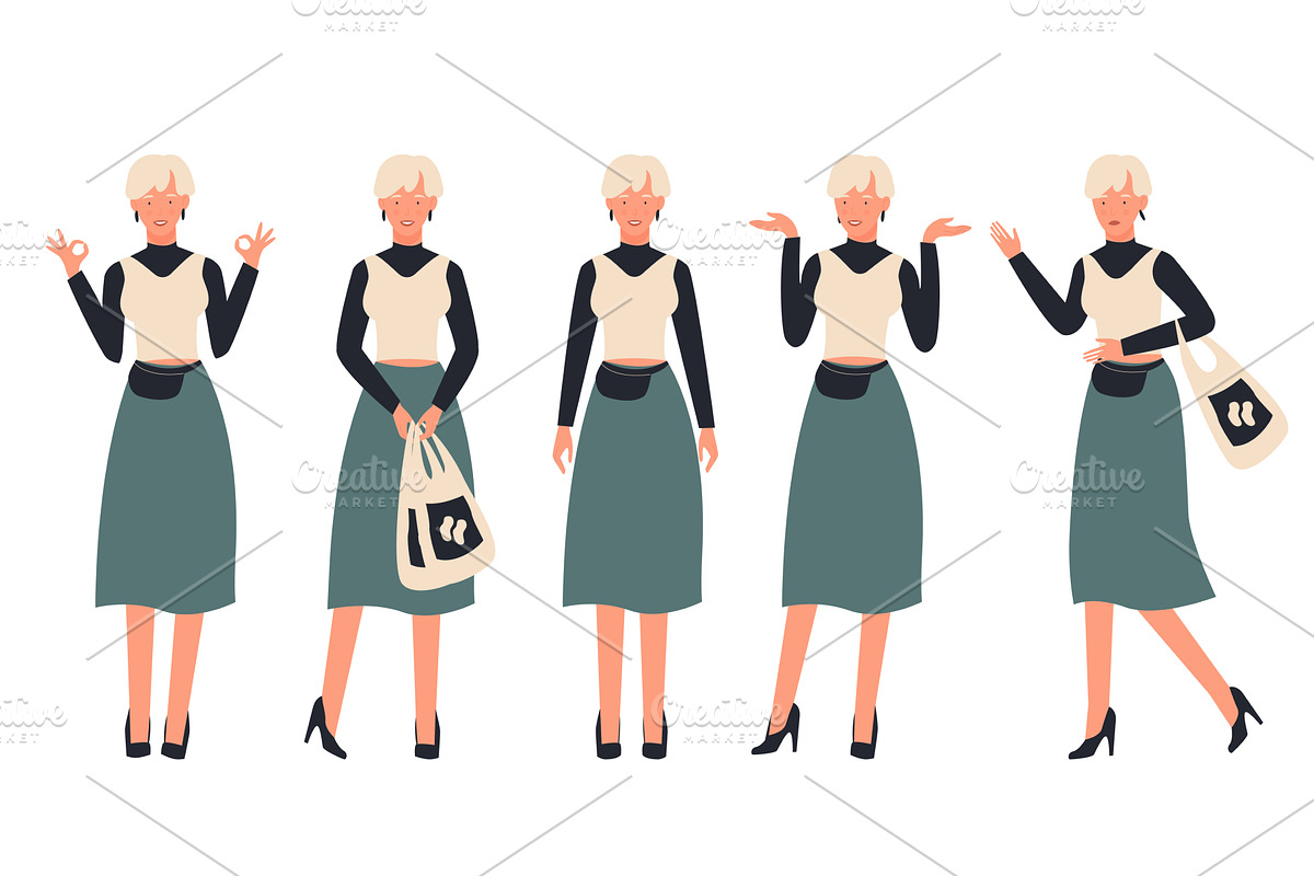 Young Blond Woman Posing in Various, a Person Illustration by Flashvector