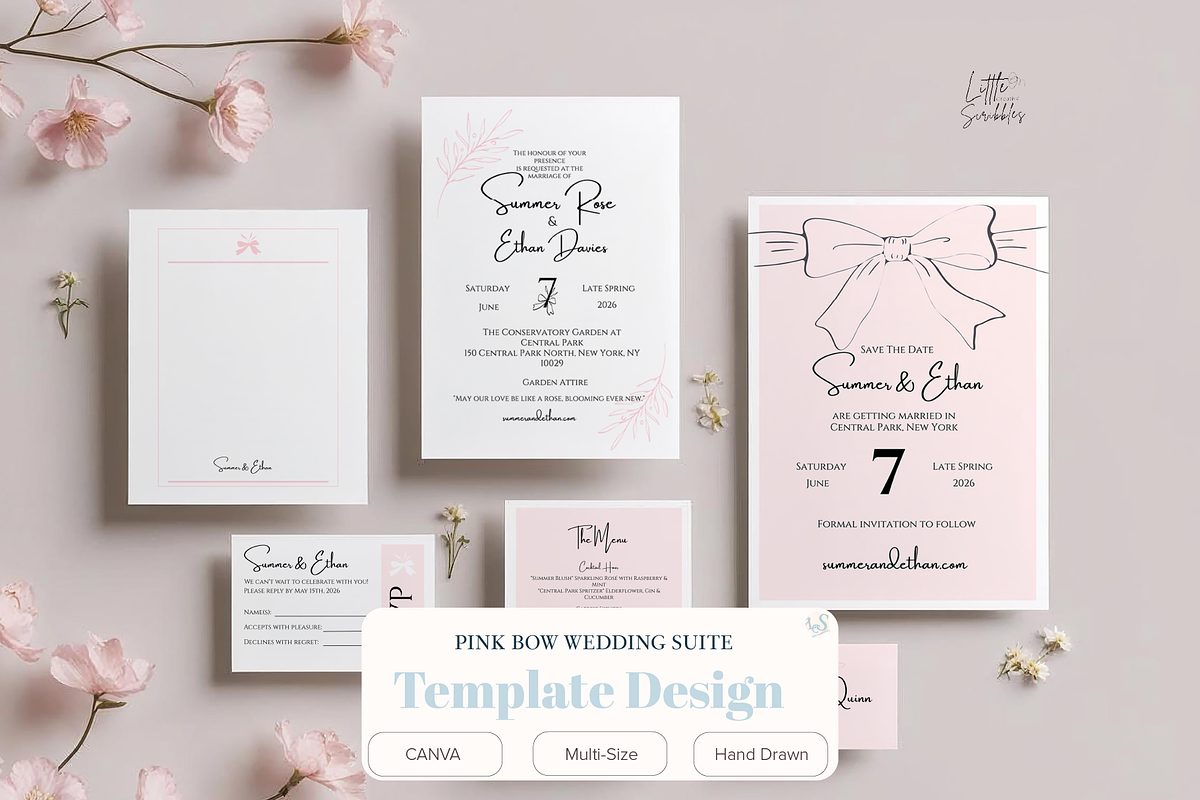 Pink Bow Wedding Invitation Suite, a Stationery Template by Little Creative Scribbles (Photo 1 of 7)