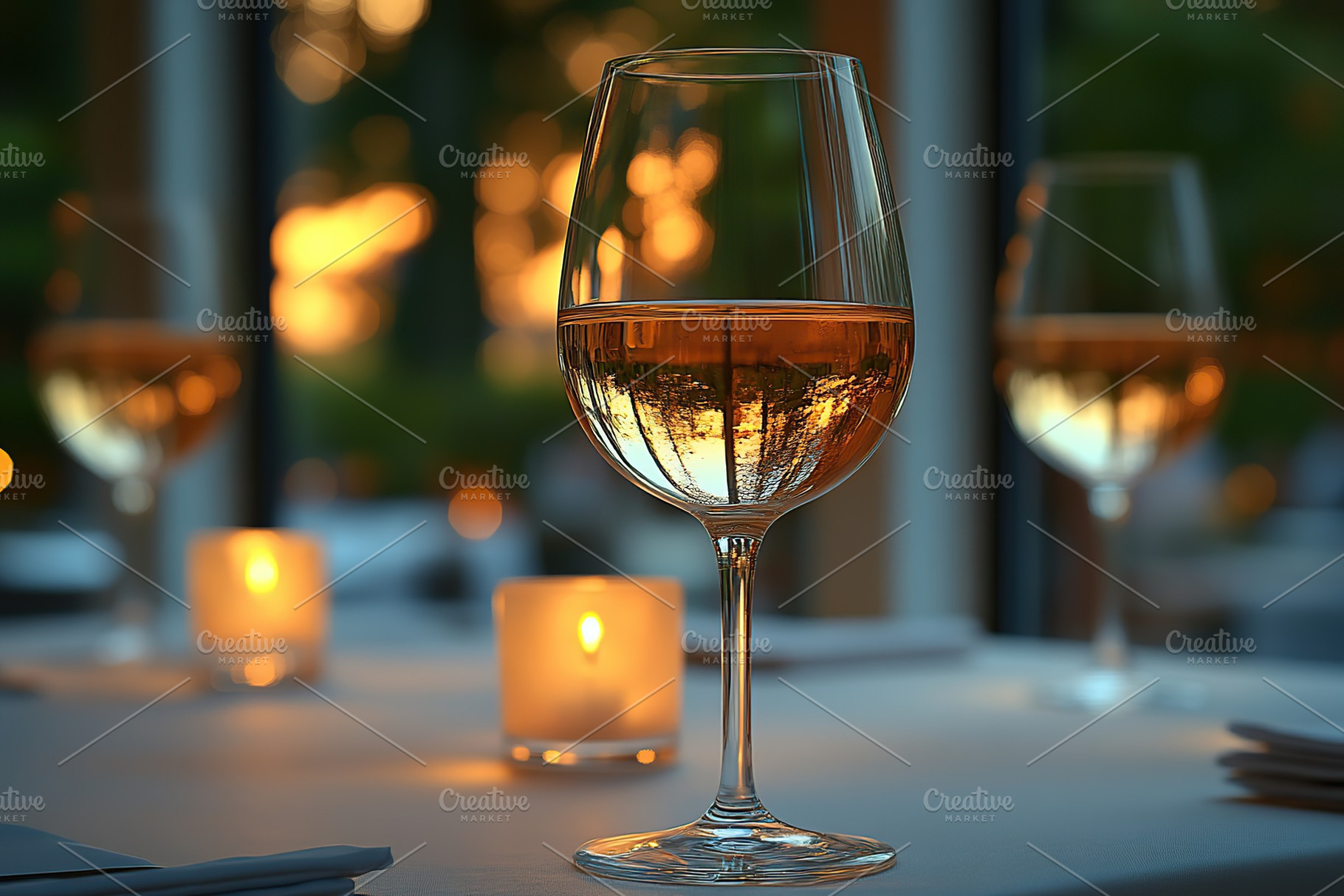 Glass of white wine on table in restaurant, a Food & Drink Photo by AlyaAnd