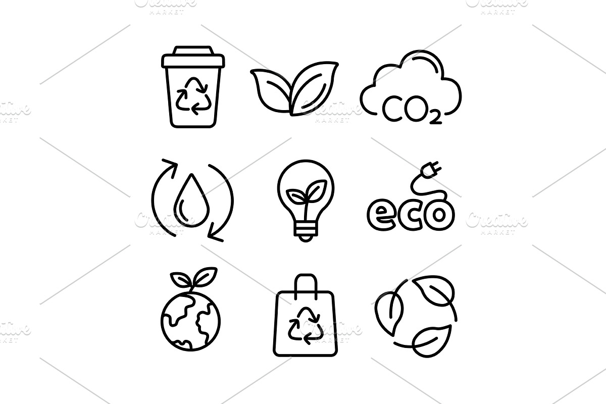 Ecology icons in line art style, an Outline Icon by Elen_Art
