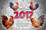 watercolor roosters family & 2017, an Animal Illustration by Graphobia (Thumbnail 5 of 13)