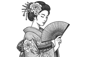 Geisha With Ornate Fan Engraving