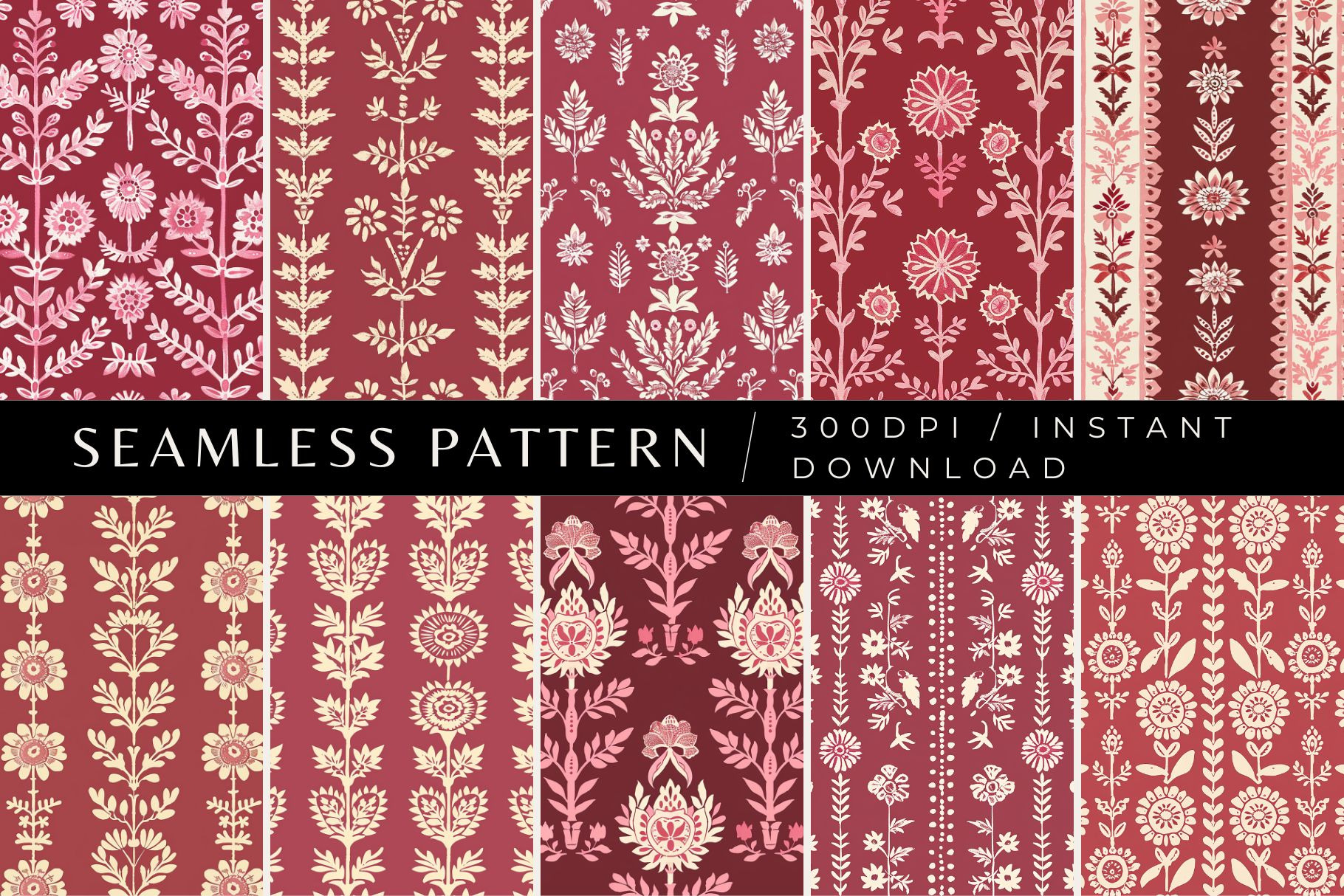 10 Dark Red Folk Harmony Patterns, a Pattern Graphic by Inknfolly