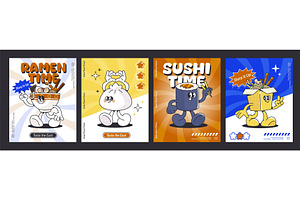 Set of retro sushi character posters, a Food Illustration by art PVP - market