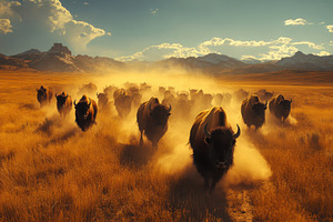 Bison Herd Running Through Golden Gr, an Animal Photo by Pixeness Studio