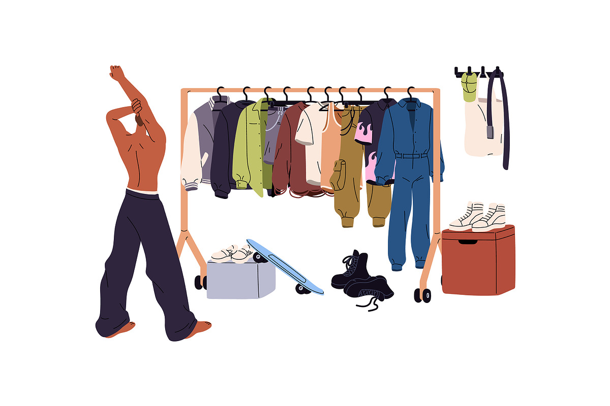People choose clothes on hanger rack, a Person Illustration by PaperTrident (Photo 3 of 7)