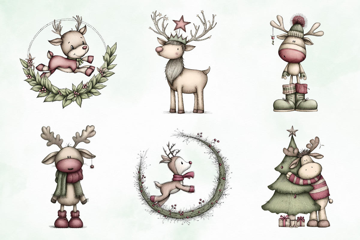 Whimsical Christmas Reindeer Clipart, an Illustration by Creative Art (Photo 4 of 13)