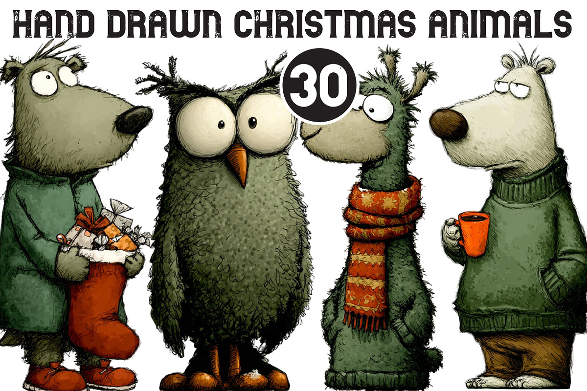 Hand Drawn Christmas Animals Clipart, an Illustration by Black Bird Studio (Photo 1 of 6)
