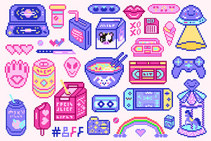 Pixel Art 8 Bit Icons. Video Arcades