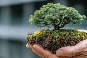 Small bonsai tree held in hands with moss and lush greenery, an Illustration by AS photostudio
