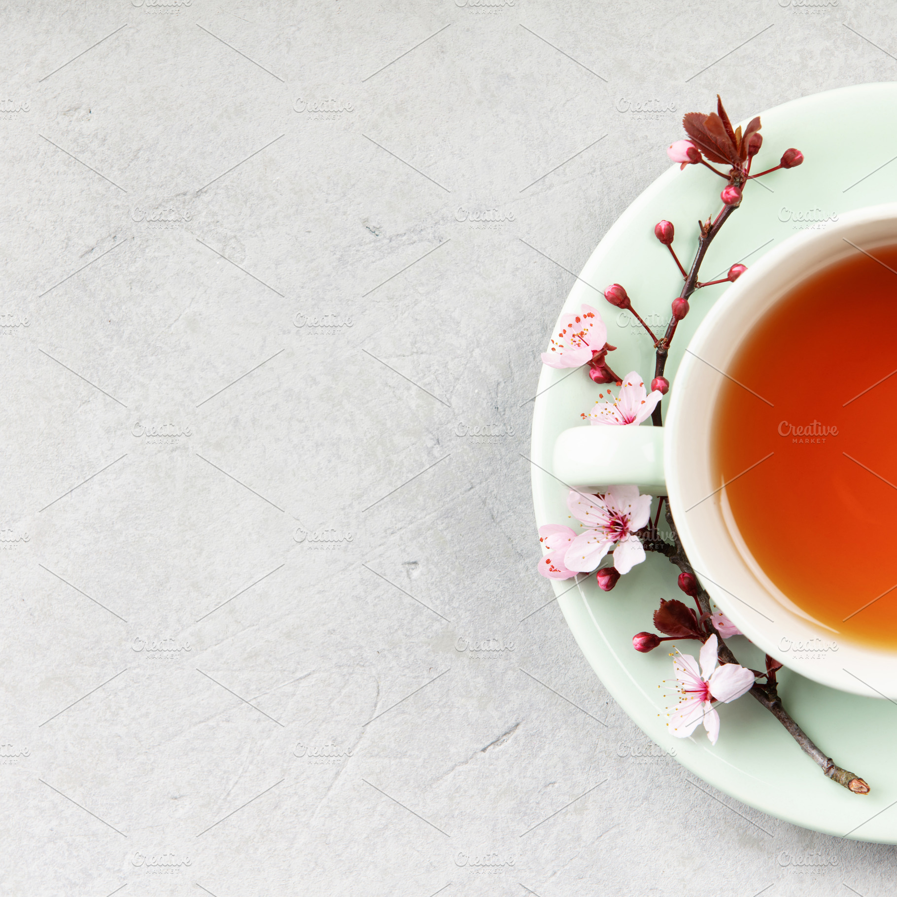 Cup of Tea with Spring Blossom on Mint Saucer Flat Lay, a Food & Drink Photo by Natalia Klenova's Shop