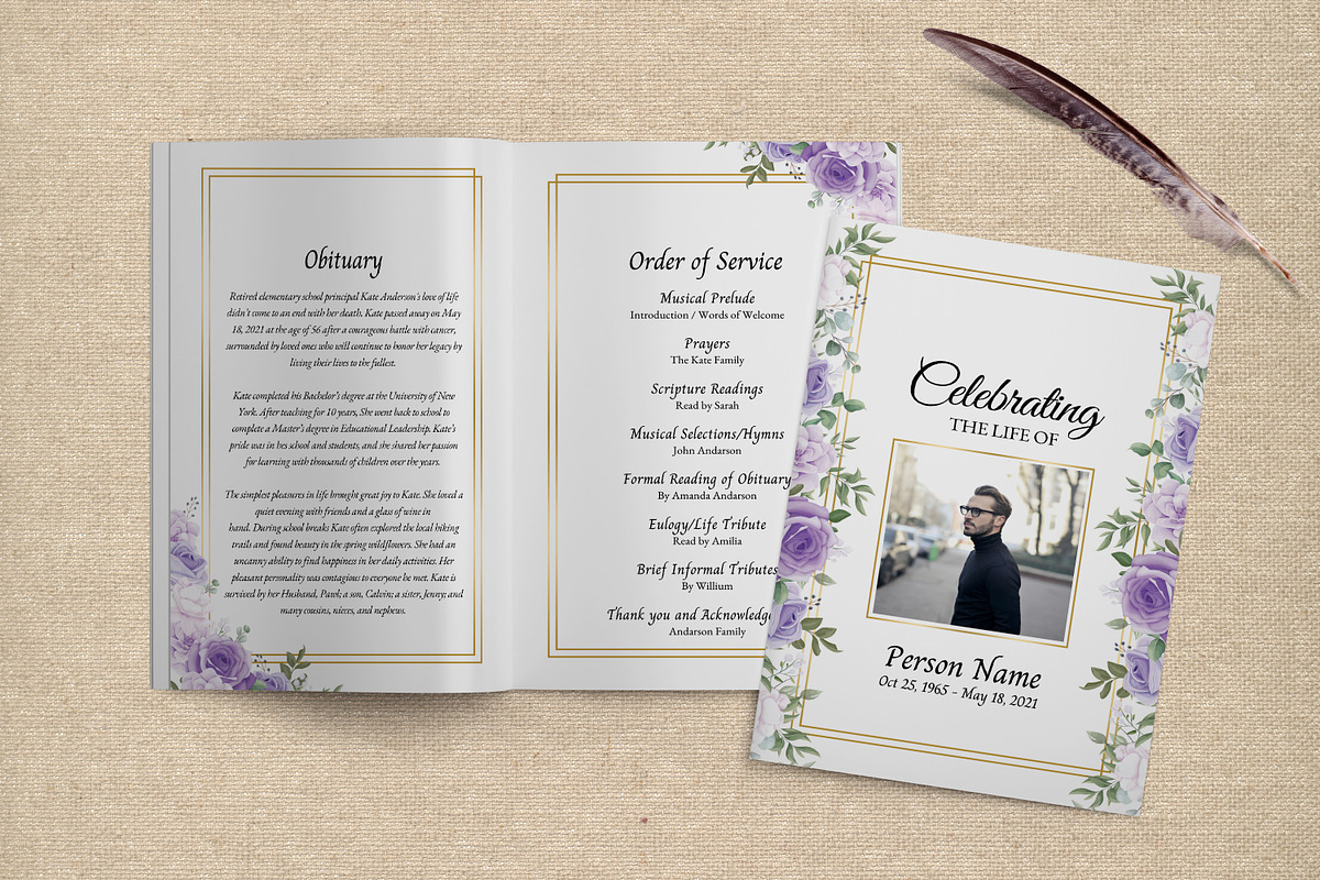 8 Page Purple Rose Funeral Program, a Brochure Template by SmmrDesign (Photo 2 of 6)