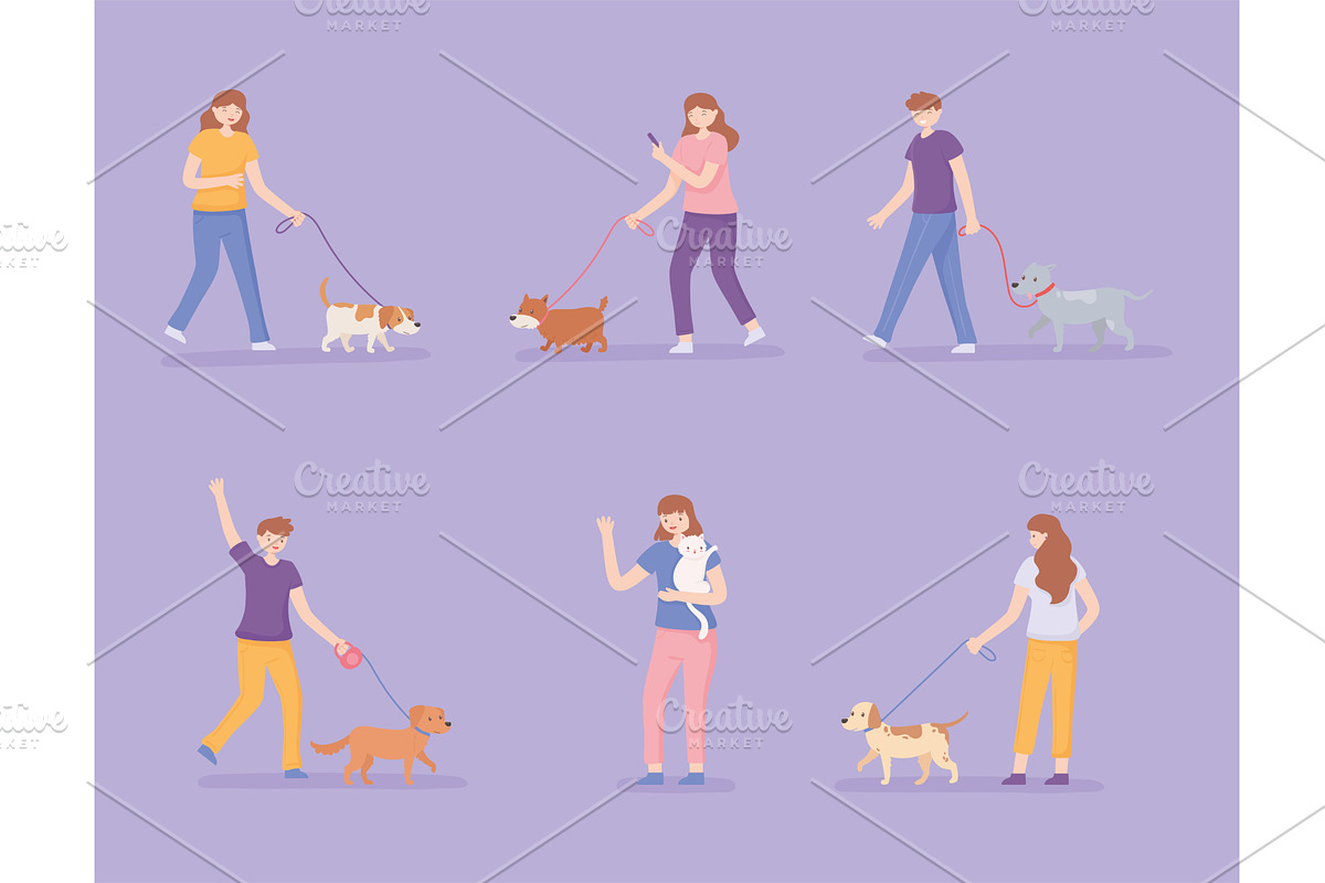 set of people walking dogs, a Person Illustration by studiogstock