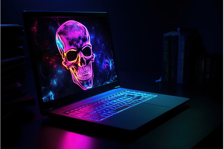 Neon laptop skull image. Generate Ai, a Technology Photo by Ylivdesign