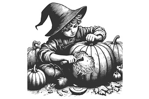 boy carving Halloween pumpkin vector, an Illustration by AlexArt