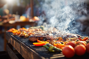 Grilling vegetables and meat outdoors with smoke rising on a sunny day, a Food & Drink Photo by AlyaAnd