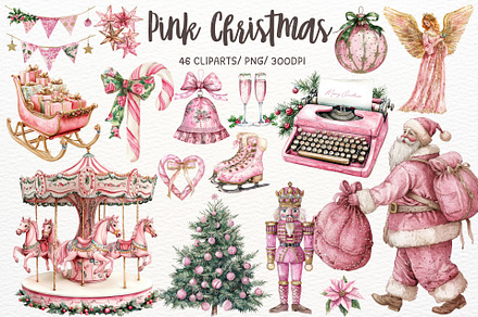 Pink Christmas Watercolor Clipart
