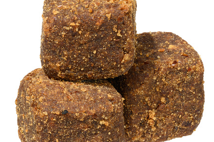 Brown dog snack or treat with a textured, crumbly surface, isola