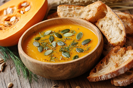 Pumpkin soup with cream and seeds, a Food & Drink Photo by AlyaAnd