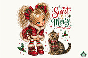 Christmas Girl & Cat Clipart PNG, a Seasonal Illustration by Craft Nest (Thumbnail 1 of 6)