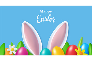 3d bunny ears and colorful eggs in a, an Object Illustration by ModVector