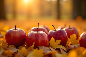 Red Apples On Autumn Leaves During S, a Photo by LOGOCREATIVE