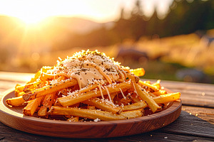 Loaded fries with creamy truffle mayo on a rustic wooden table in warm sunset l, a Food & Drink Photo by DutchDigitalDesign