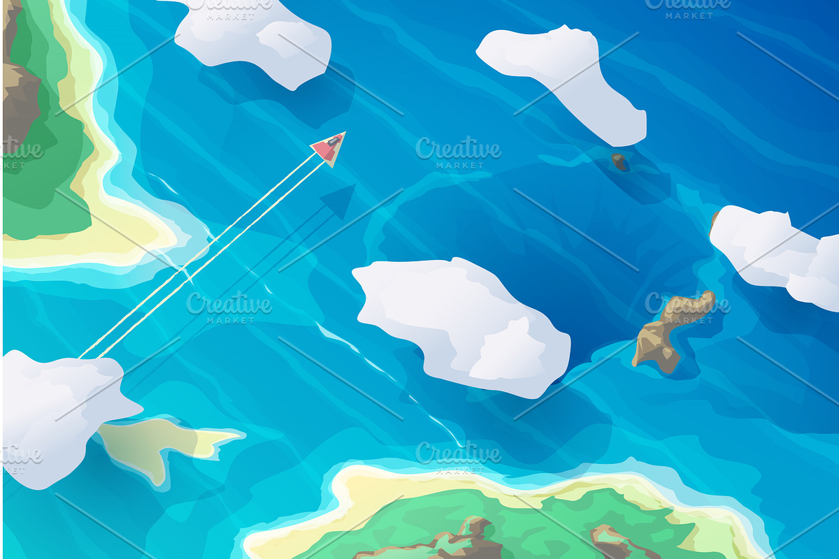 Aerial ship flying through tropical, an Illustration by IfH
