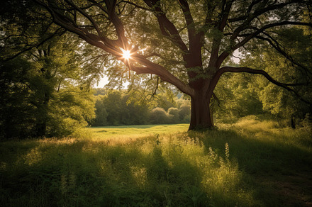 Sunset in the forest with a big tree, a Photo by Iftikhar Alam