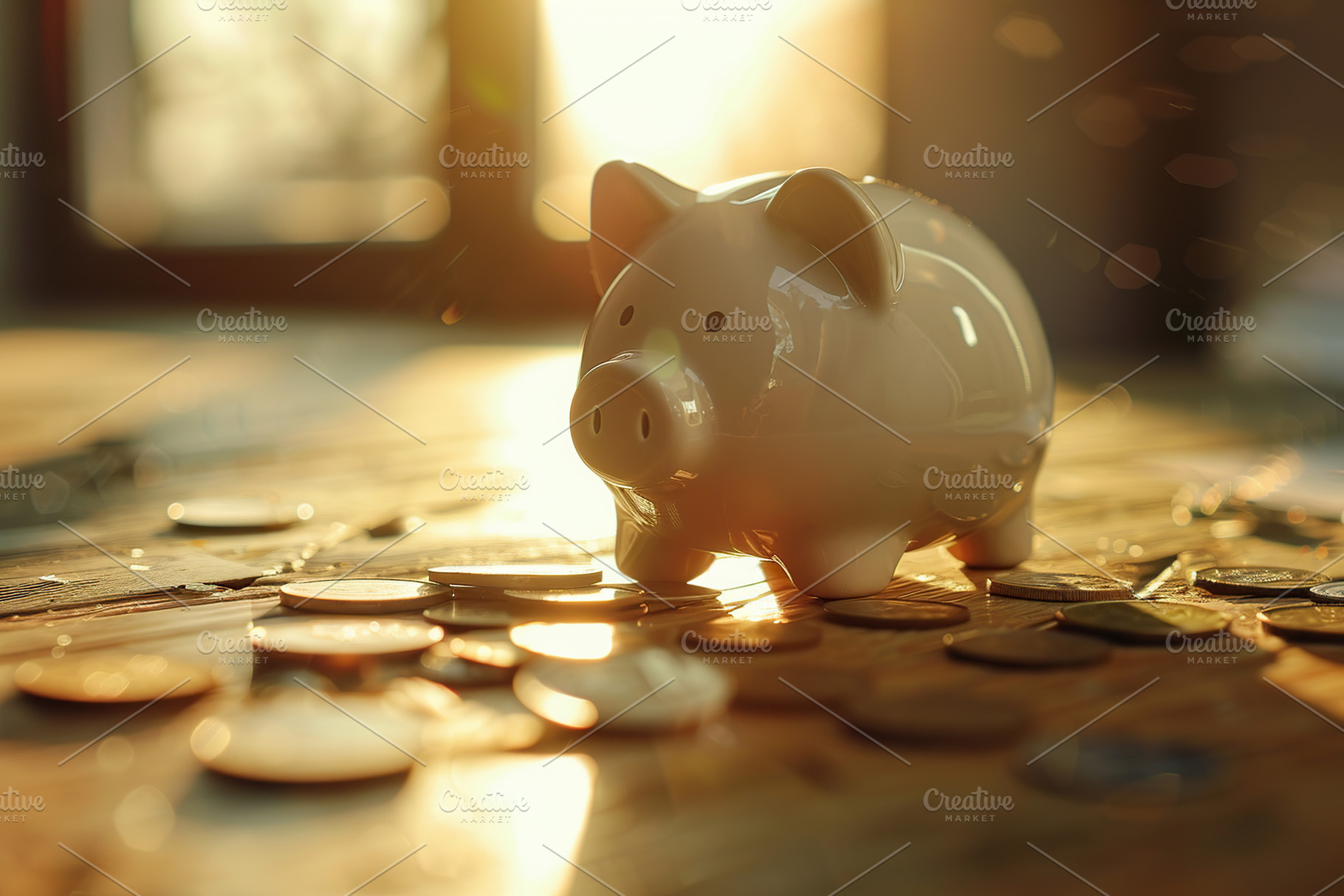 Piggy bank with coins with sunshine, a Photo by AlyaAnd