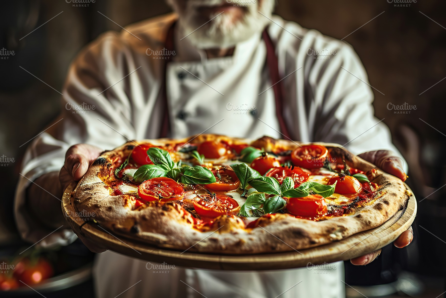 Male chef with hot pizza in restaurant, a Food & Drink Photo by AlyaAnd