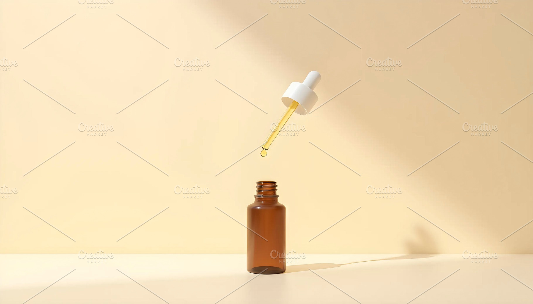 Glass Dropper Bottle on Beige Backgr, a Photo by LOGOCREATIVE