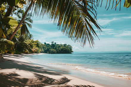 A tropical beach with palm trees, a Nature Photo by Virgo Studio