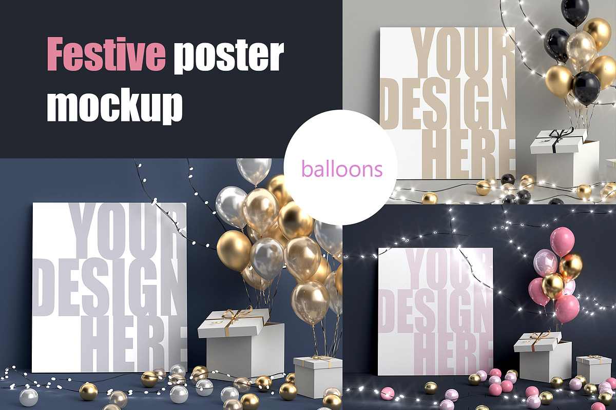 Festive poster mockup with balloons, a Mockup by Radmila (Photo 1 of 4)