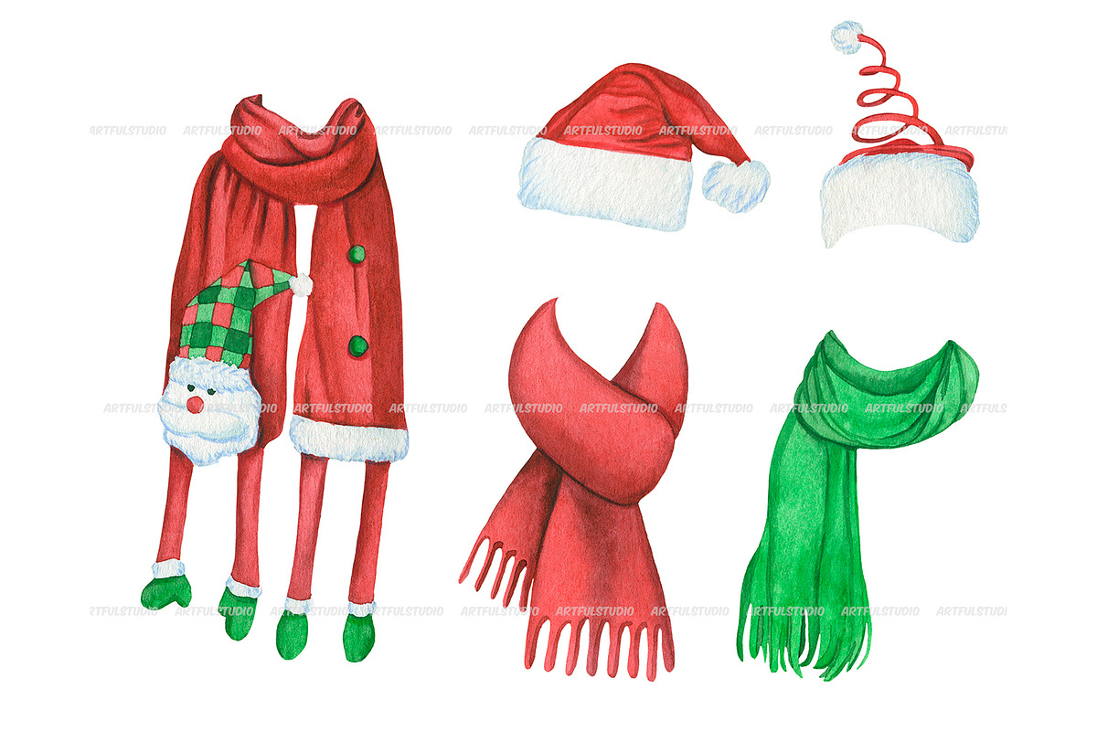 Watercolor Christmas hats and scarve, a Seasonal Illustration by ArtfulStudio (Photo 7 of 10)